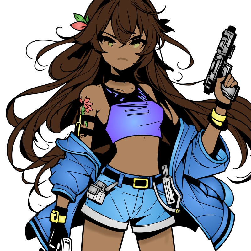bad girl wearing crop top holding a gun long hair anime
