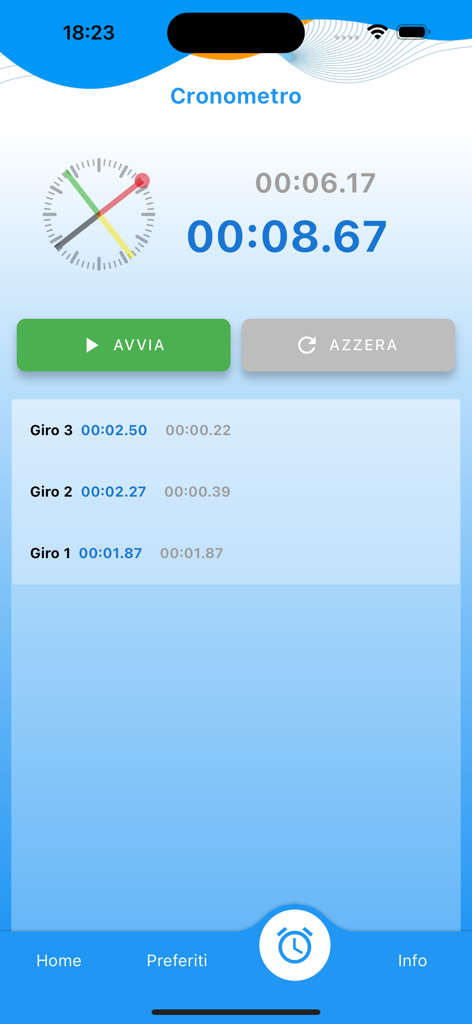 Stopwatch interface in the SwimAT app displaying lap and split times