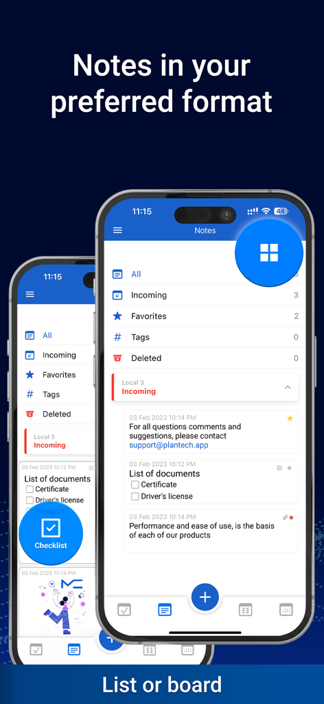 Calendar: To Do List & Notes - MC Calendar app interface displaying organized notes and checklists in a list and board format