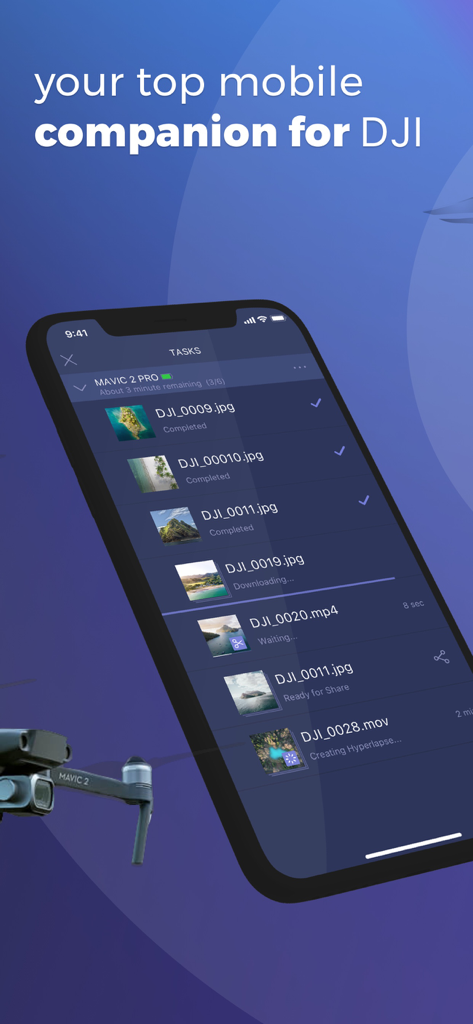 Sync for DJI: Go Mobile First - Interfaz de la aplicación Sync for DJI mostrando una lista de archivos multimedia que se descargan de un dron Mavic 2 Pro a un iPhone