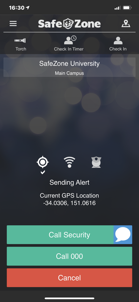 SafeZone - SafeZone app interface showing an emergency alert in progress with current GPS coordinates and options to call security or emergency services