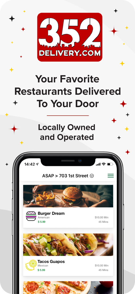 352 Delivery app interface showing local restaurant options in Gainesville Florida