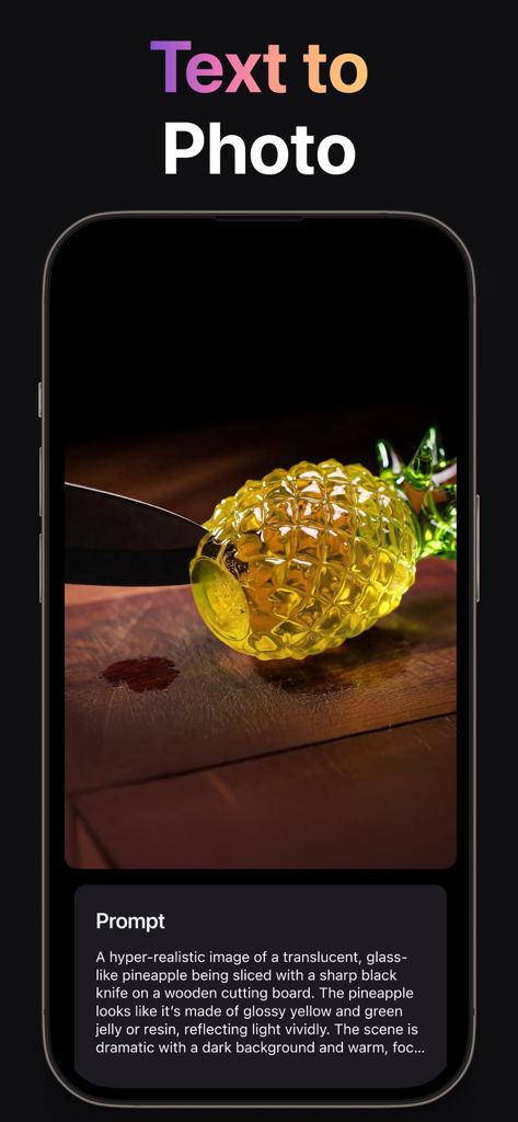 AI Video Generator + Creator - AI Video Generator app screen showing the Text to Photo feature with a hyper-realistic glass pineapple image generated from a prompt.