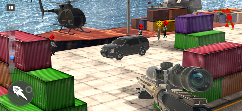 Gameplay screenshot of a sniper rifle aiming at enemies in a shipping port.
