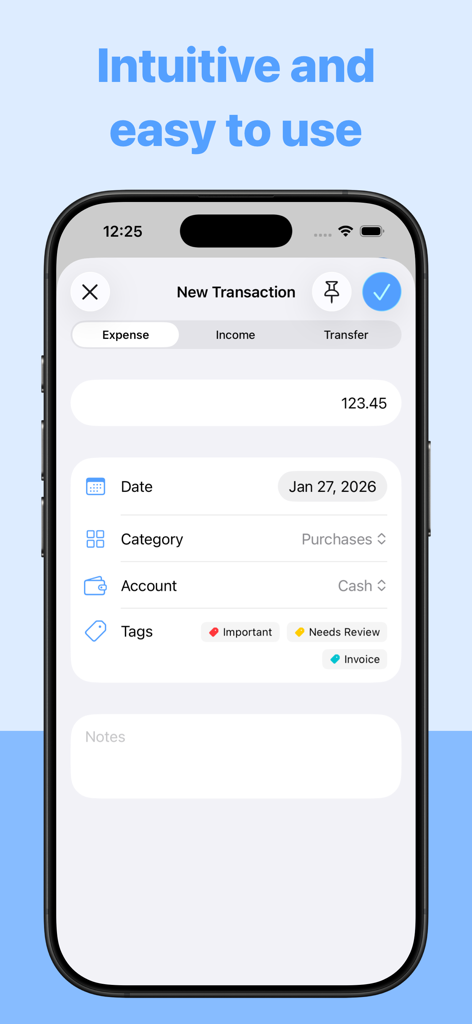 Small Business Accounting 2 - Interface of the Small Business Accounting 2 app showing the entry screen for a new expense with fields for amount, date, and category.