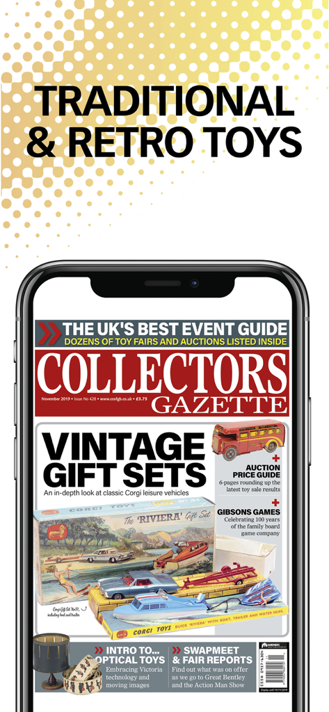 Collectors Gazette - Collectors Gazette app showing vintage toy gift sets and auction guides for collectors.