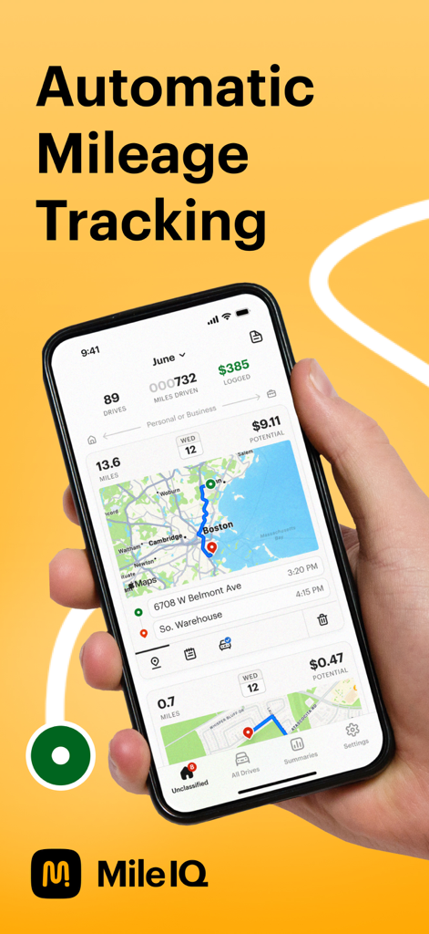 MileIQ: Mileage Tracker & Log - A hand holding a smartphone showing the MileIQ app interface with automatic mileage tracking and potential tax savings