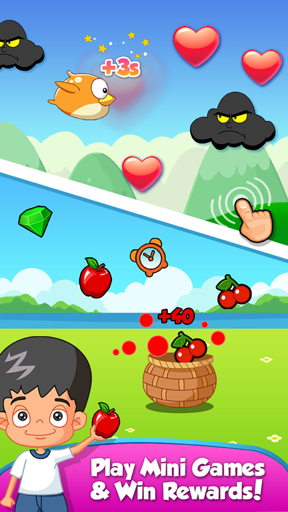 Un niño de dibujos animados jugando a un minijuego atrapando frutas en una cesta para ganar recompensas.