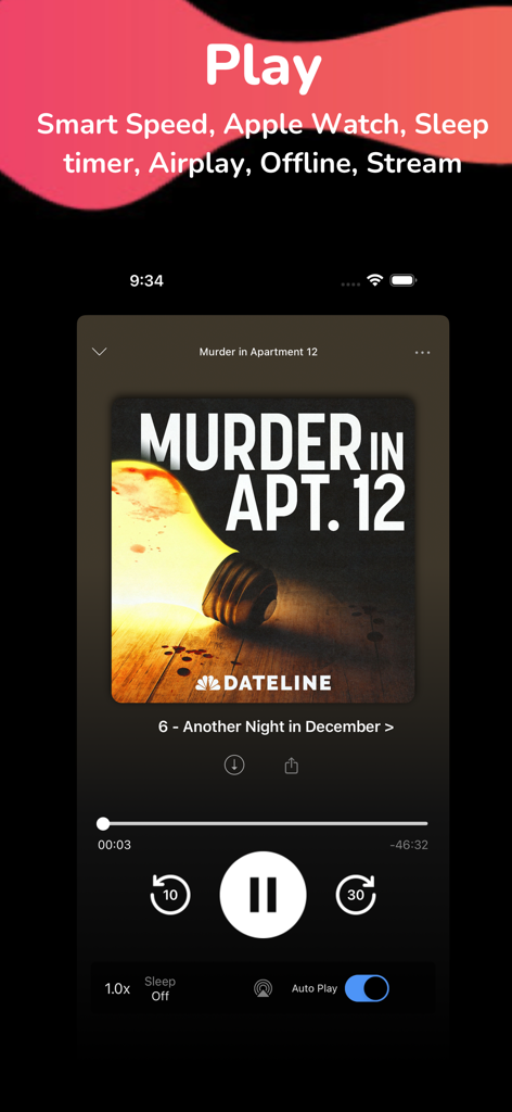 Pods- Podcast Player - A screenshot of the Pods Podcast Player app showing the playback screen for a true crime podcast with controls for smart speed and sleep timer