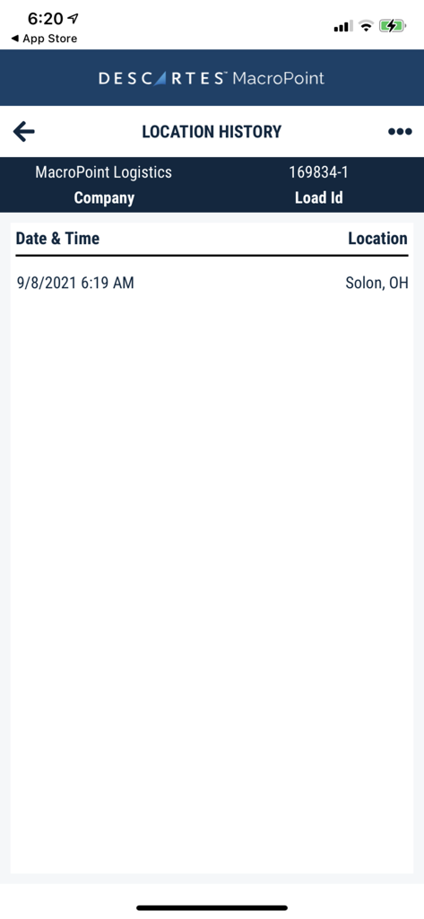 MacroPoint For Truckers - MacroPoint For Truckers App-Bildschirm für den Standortverlauf, der Ladeverfolgungsdetails in Solon Ohio zeigt