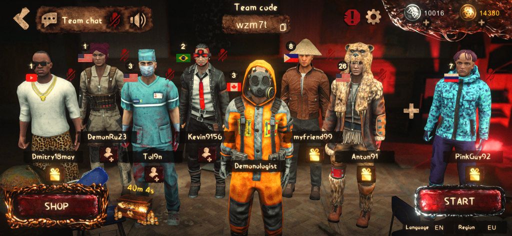 Nine players in the Mimicry Multiplayer Horror game lobby with unique character skins