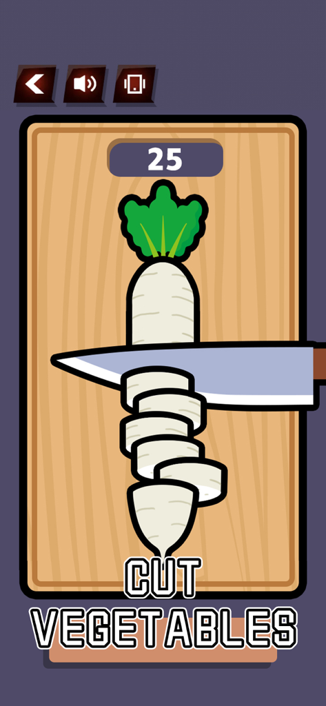 Antistress Toys -No Wifi Games - Una pantalla de juego móvil satisfactoria que muestra un rábano blanco siendo cortado en una tabla de madera.