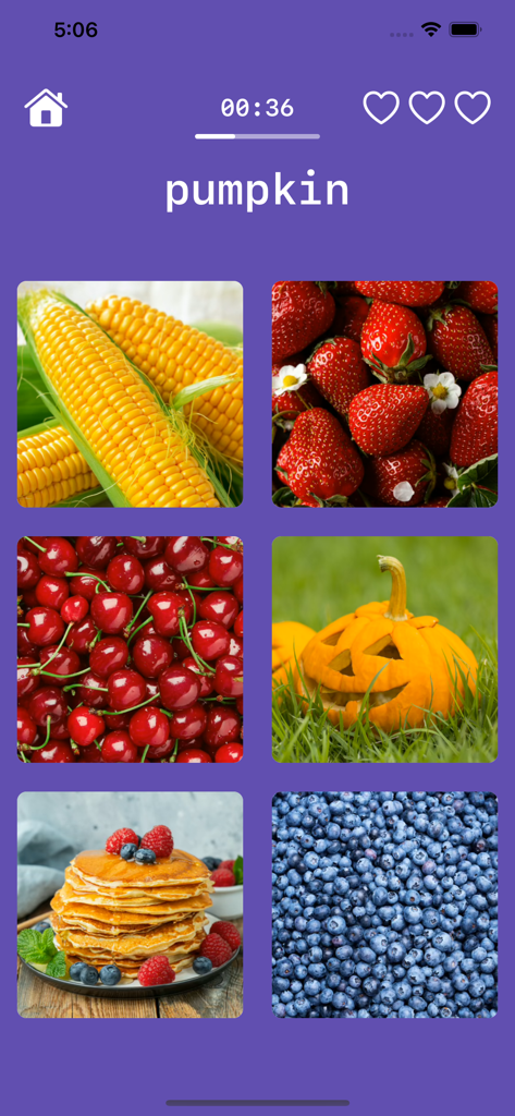 Learn English Playing Big Ben - Vocabulary matching game screen in the Big Ben English app showing images of food and the word pumpkin