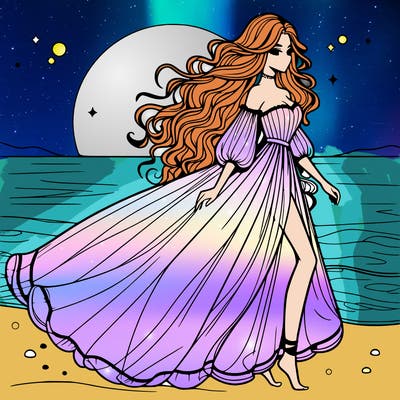 beautiful woman with a vaporous long dress walking on the beach at the noon, detailed art