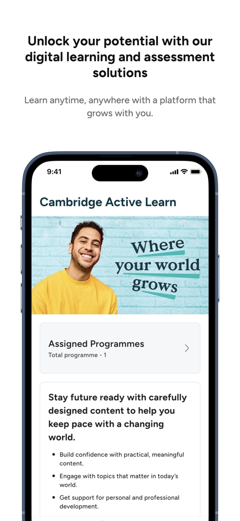 Interface de l'application Cambridge Active Learn montrant les programmes éducatifs et le contenu d'apprentissage