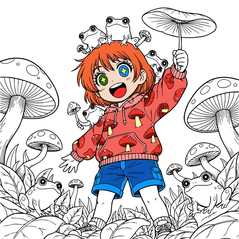 a girl with short hair and mushrooms and frogs lea