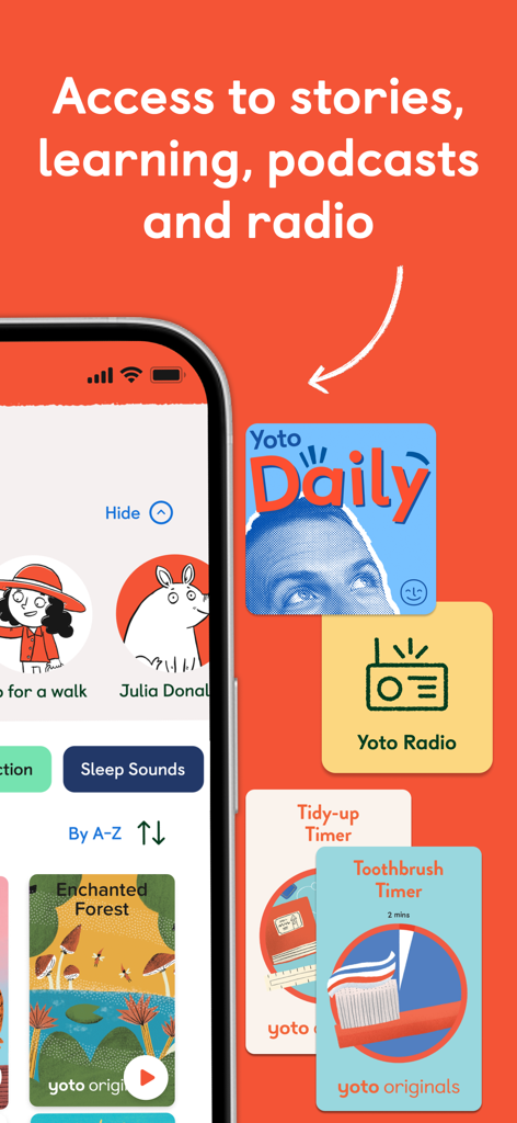 Captura de pantalla de la interfaz de la app Yoto que muestra contenido de audio curado, incluyendo historias para niños, podcasts diarios, radio y temporizadores de actividades.