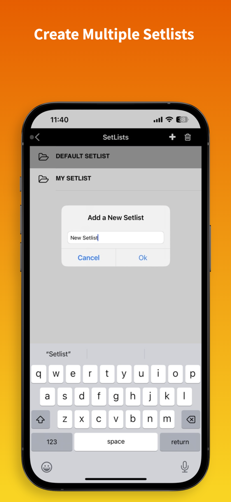 A screenshot of the Groovy Loopz Pro app interface showing the process of creating a new musical setlist on an iPhone.