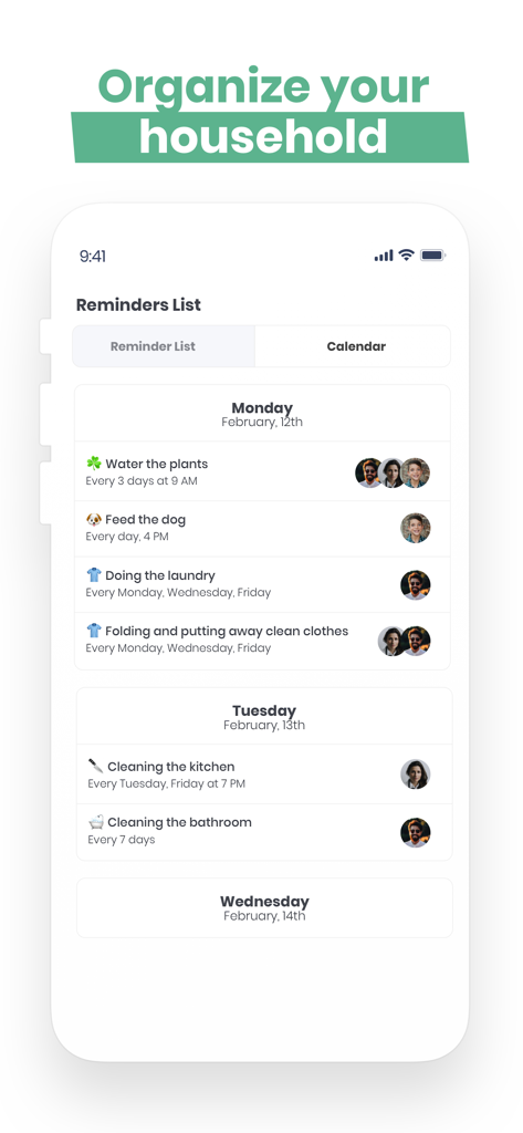 Interface of the Nipto app showing a daily schedule of household chores with assigned family member avatars