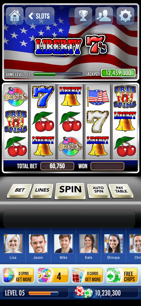 Lucky Play Casino Slots Games - A mobile slot machine game titled Liberty 7s featuring an American flag background and a social leaderboard of players.