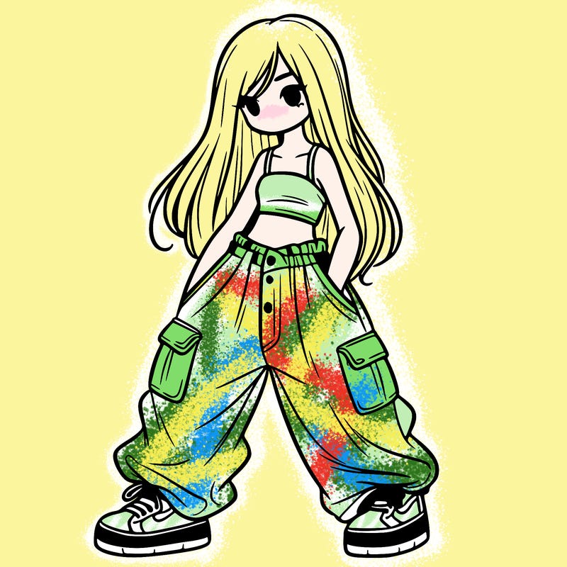 girl in baggy pants, crop top, and long hair