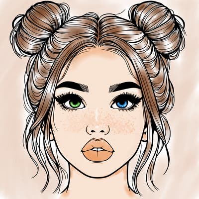 realistic girl with two buns on her hair and lips