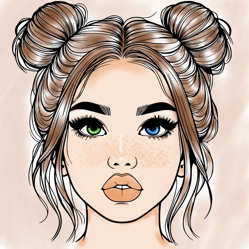 realistic girl with two buns on her hair and lips