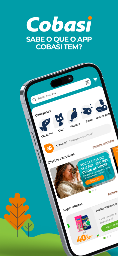 Cobasi: pet shop online - Schermata iniziale dell'app mobile Cobasi che mostra le categorie di acquisto per animali domestici e offerte promozionali esclusive