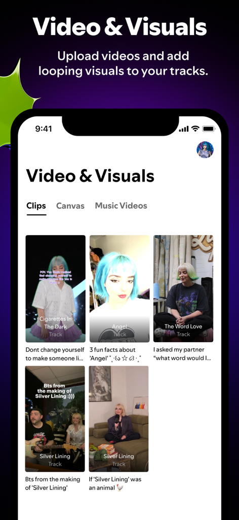 Spotify for Artists interface for uploading and managing video clips and canvas visuals for tracks