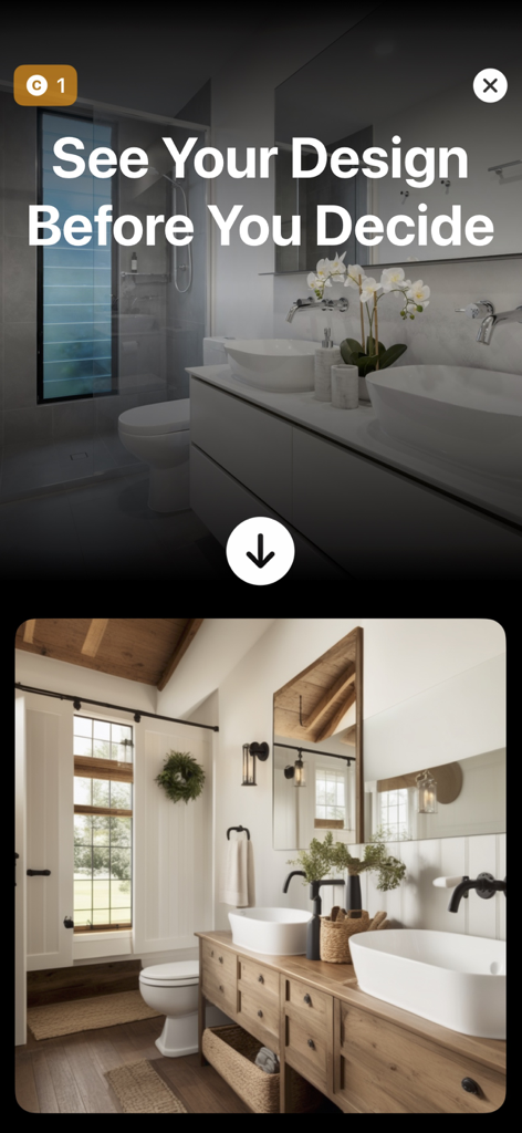 Transformação de design de interiores de banheiro com IA de moderno para rústico