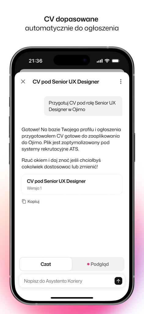 Rocket - Asystent Kariery - Rocket career assistant app showing AI tailoring a CV for a Senior UX Designer role