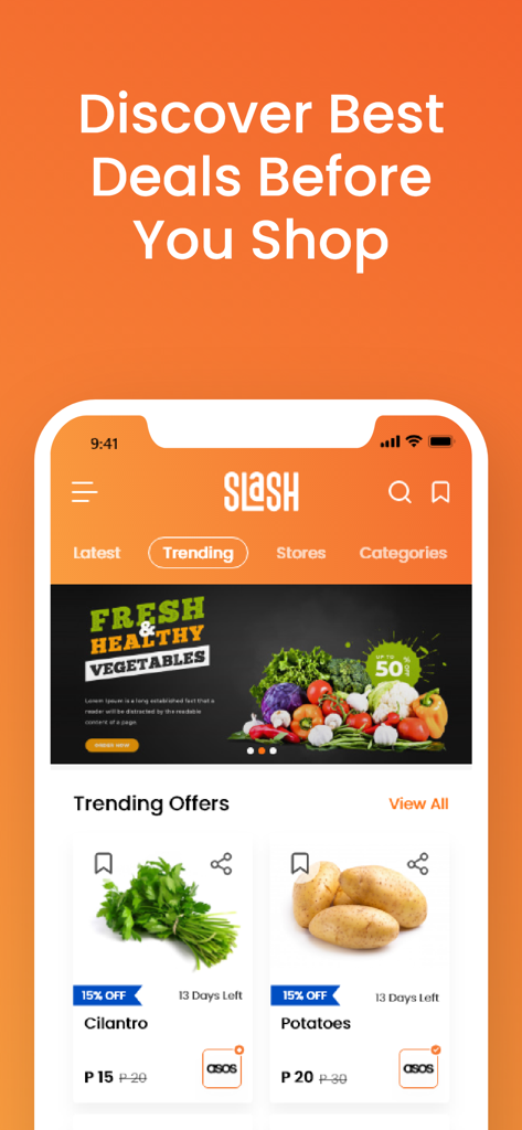 Slash Deals - The Slash Deals app home screen showing trending grocery offers and vegetable promotions.