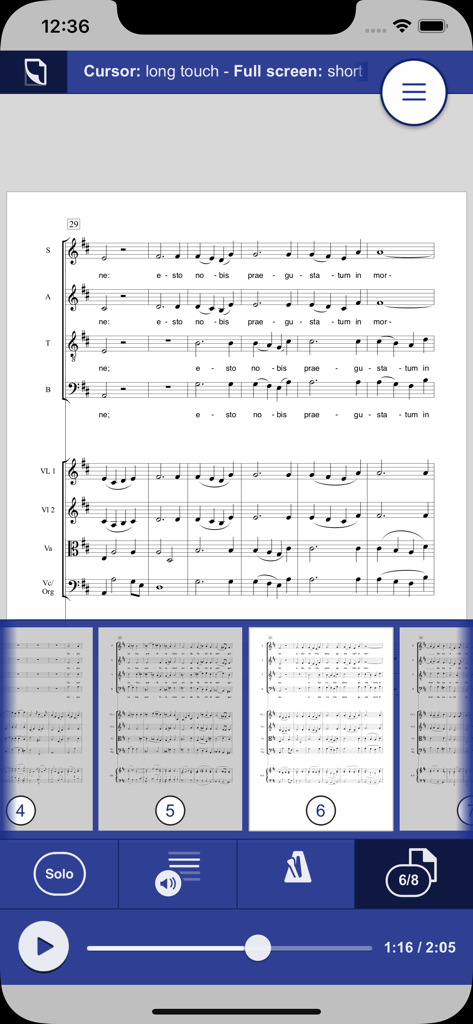 capella score reader - Capella score reader app interface showing a musical score with playback controls and page navigation