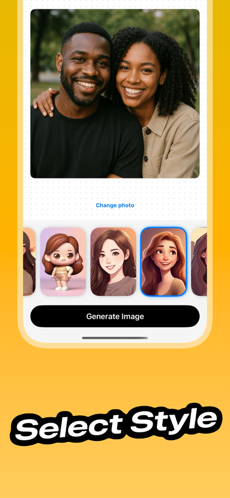 Cartoon Photo Editor ToonShot - Interface of the ToonShot app showing a photo of a couple and several cartoon style options for image transformation