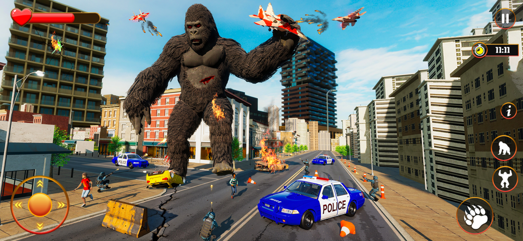 Un gorila gigante atacando una calle de la ciudad mientras aviones de combate vuelan por encima y los coches de policía se acercan