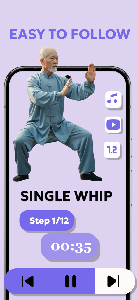 Schermata dell'app mobile che mostra un movimento guidato di Tai Chi chiamato Frusta Singola con un timer e un contapassi