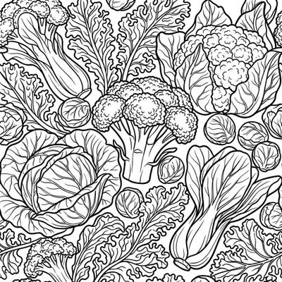 Dive into a delicious garden of health with this detailed coloring page featuring a variety of crisp cruciferous vegetables. It's a fantastic way to relax while celebrating nature's bounty, perfect for all skill levels.