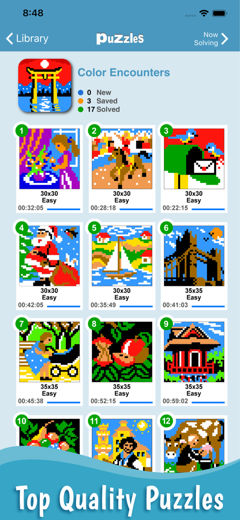 Una galería de puzles de nonogramas de pixel art a color resueltos en la aplicación Link-a-Pix mostrando varios diseños y tamaños de cuadrícula.