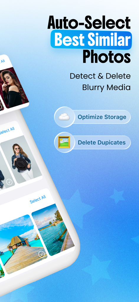 Storage Clean Up - CleanPro - Interfaz de la aplicación CleanPro que muestra funciones para seleccionar automáticamente las mejores fotos similares y optimizar el almacenamiento