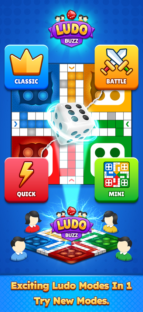 Ludo Buzz - Multiplayer Game - Pantalla del juego Ludo Buzz que muestra los modos de juego multijugador Classic Battle, Quick y Mini con un dado 3D y un tablero de ludo.