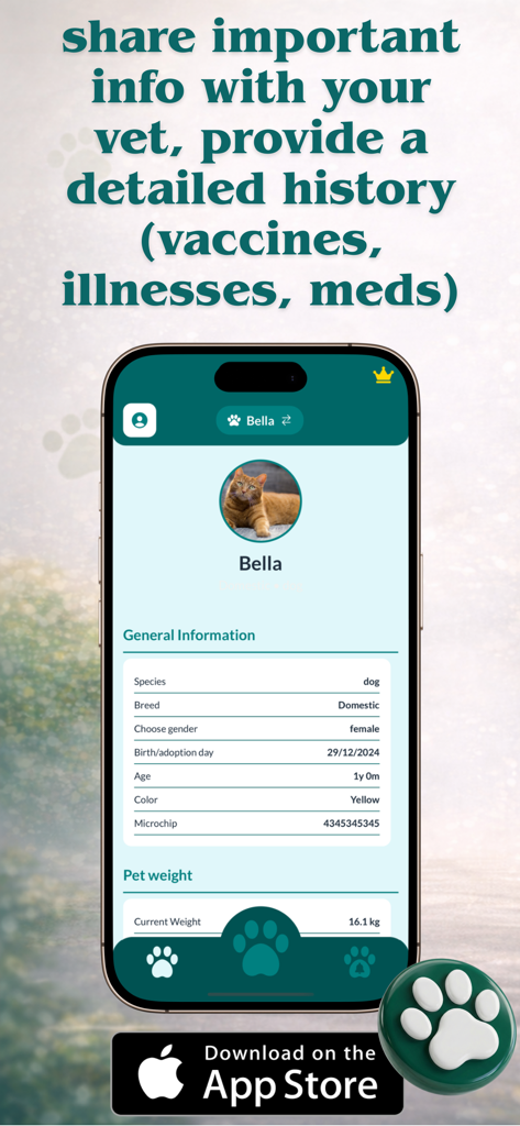 Vet Record - pet health track - Vet Record app interface showing a detailed pet profile with medical and health history.