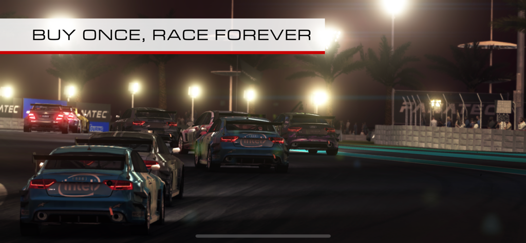 High performance racing cars competing on a night circuit in GRID Autosport with a banner saying Buy Once Race Forever