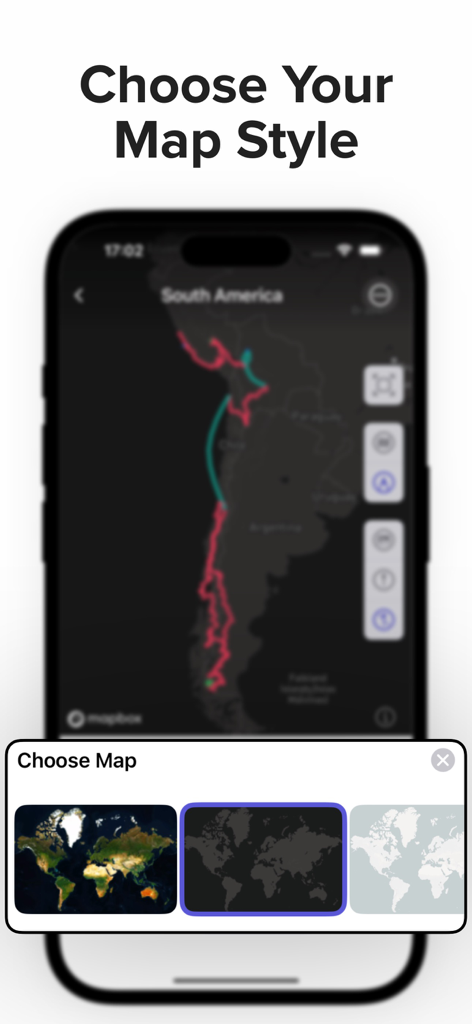 Travel Tracker by PhotoRoute - User interface for selecting different map themes like satellite and dark mode in Travel Tracker app