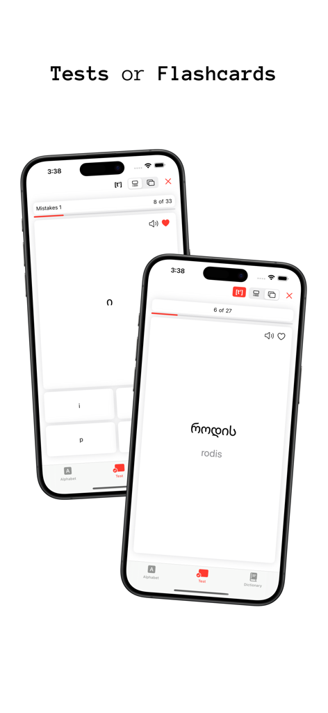 Gamarjoba: Georgian language - Gamarjoba app interface displaying Georgian language learning tests and flashcards on two iPhones