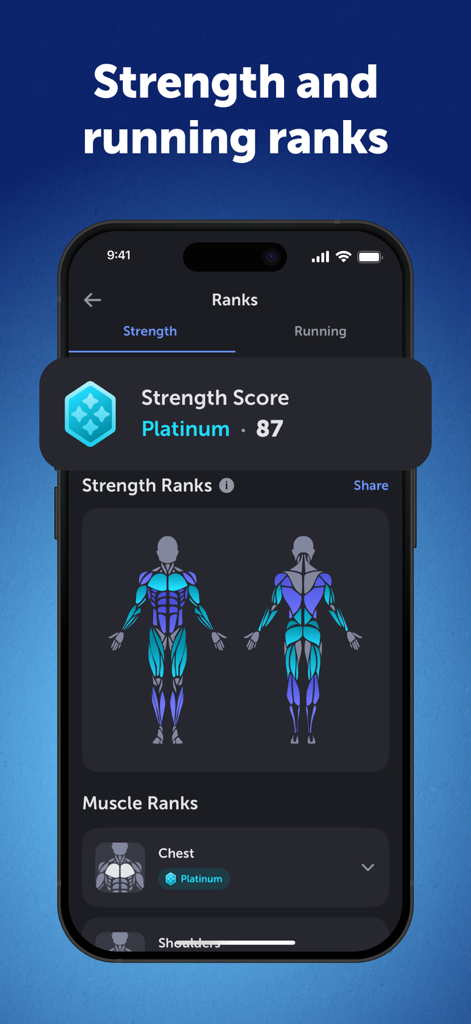 Pantalla de la aplicación Arc AI mostrando una puntuación de fuerza de platino y rankings de grupos musculares en un mapa corporal anatómico