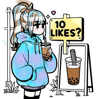 girl with oversized hoodie drinking boba and she has a high ponytail with a sign that says 10likes?