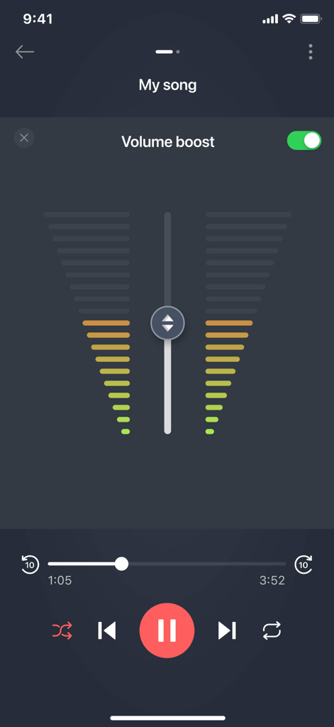 Volume boost interface with audio level indicators and playback controls in the Mp3 Cutter app