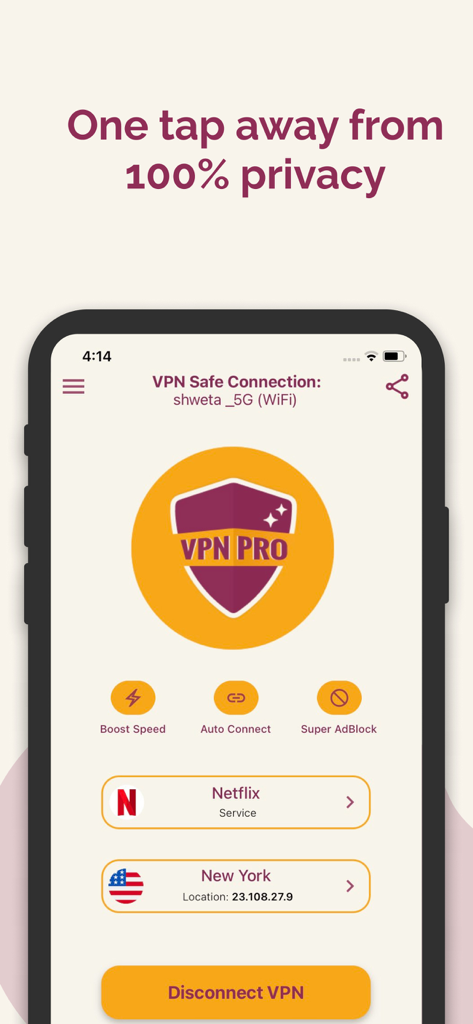 Interface de l'application VPN Pro montrant les options de connexion pour la confidentialité et le streaming sécurisé