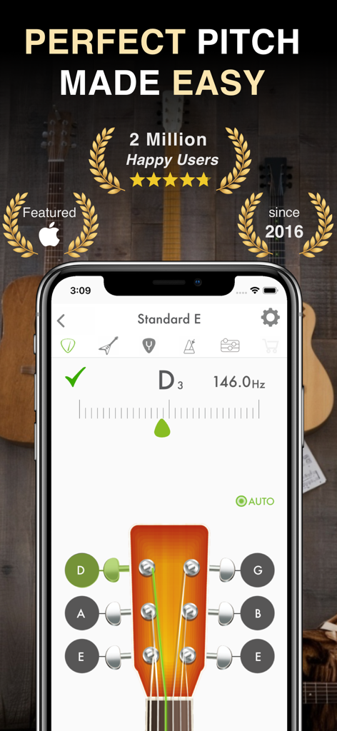 Guitar Tuner: Bass and Ukulele - Interface do aplicativo de afinador de guitarra com um medidor de tom digital e gráfico da mão da guitarra