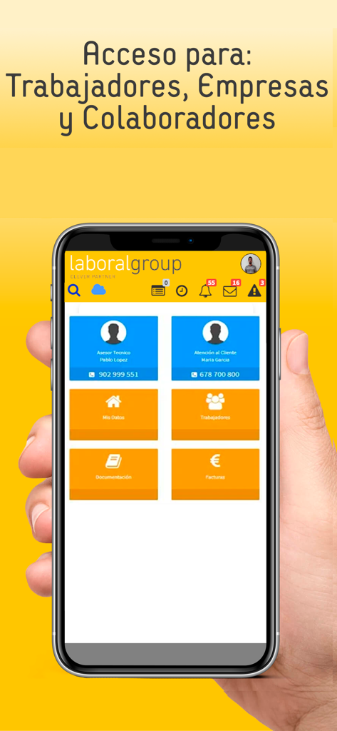 Smartphone displaying the Laboral Group app dashboard for labor management and business documentation.